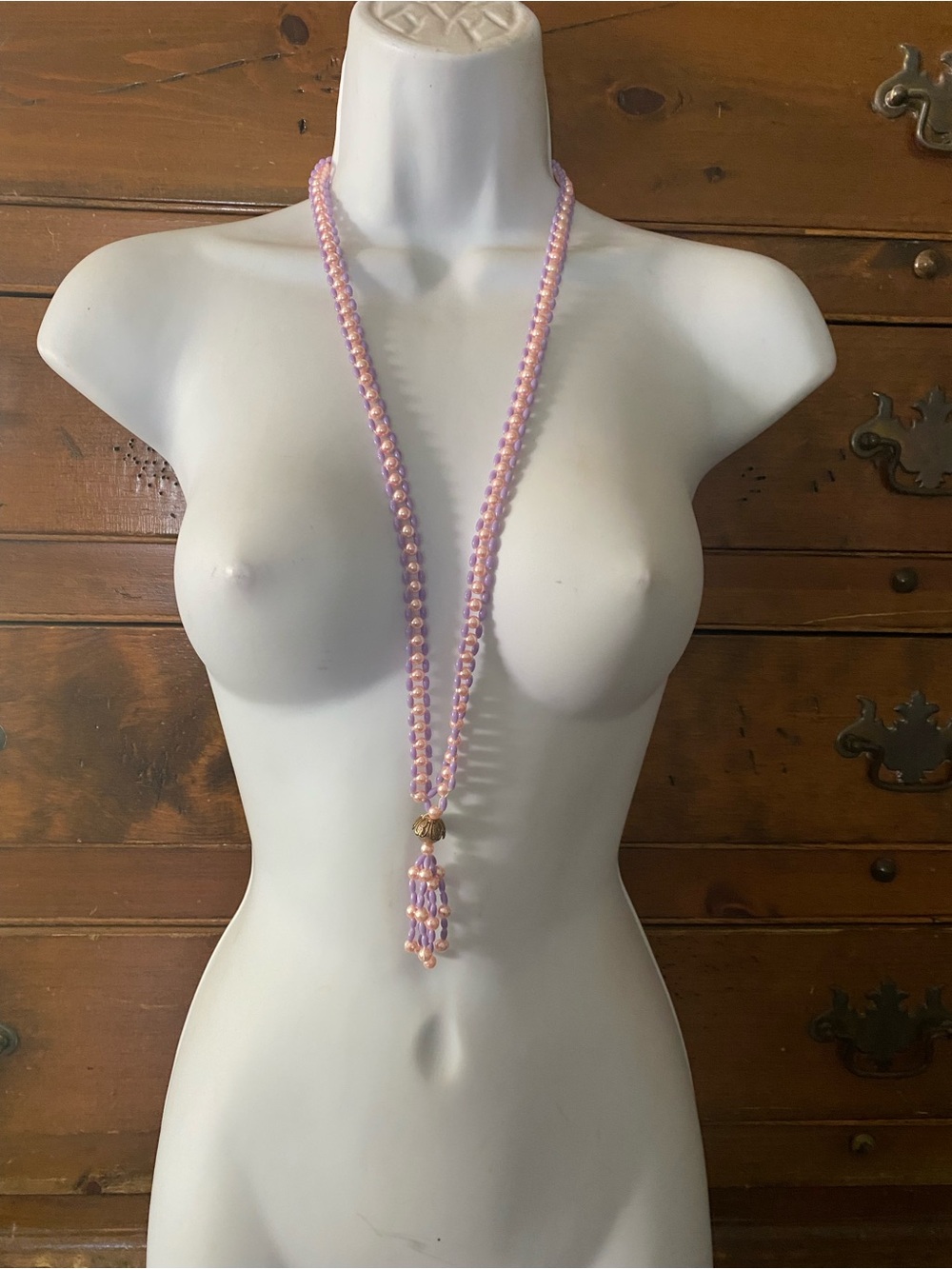 (JE12) Vintage Pink and Lavender Beaded Tassel Necklace